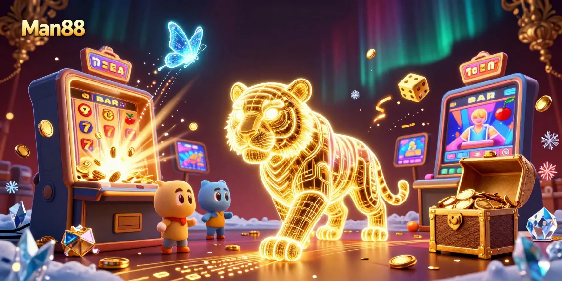 Engage with Man88's dazzling casino landscape featuring a neon tiger, jackpots, and dynamic gaming elements.