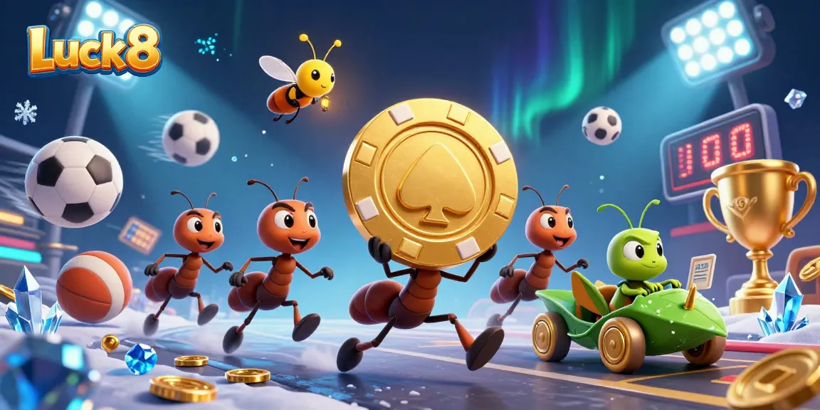 Luck8 ants executing a heist with sports elements, showcasing dynamic gaming atmosphere in a rich illustration.