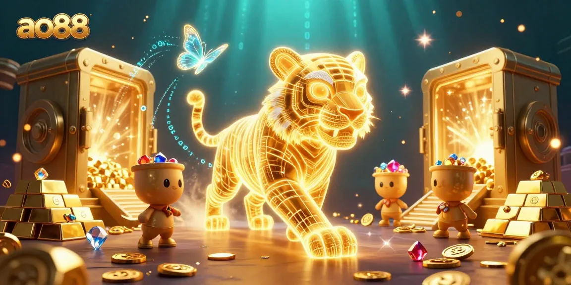 Spin to win with ao88 in a vibrant digital casino featuring neon characters and treasure.