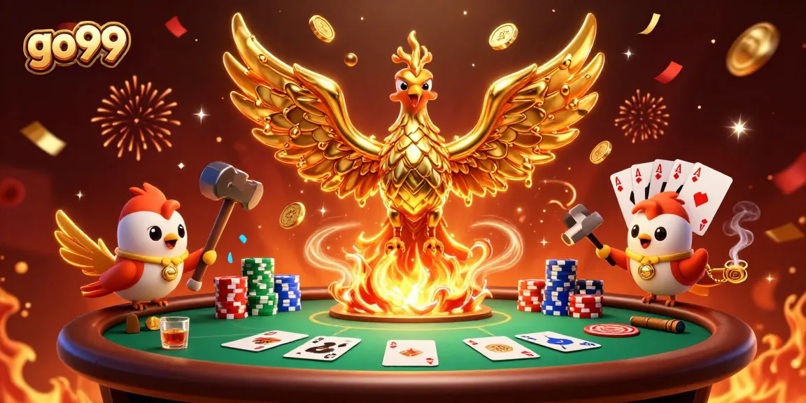 Experience thrilling gameplay with go99 as gold coins rain from a molten phoenix in this vibrant casino illustration.