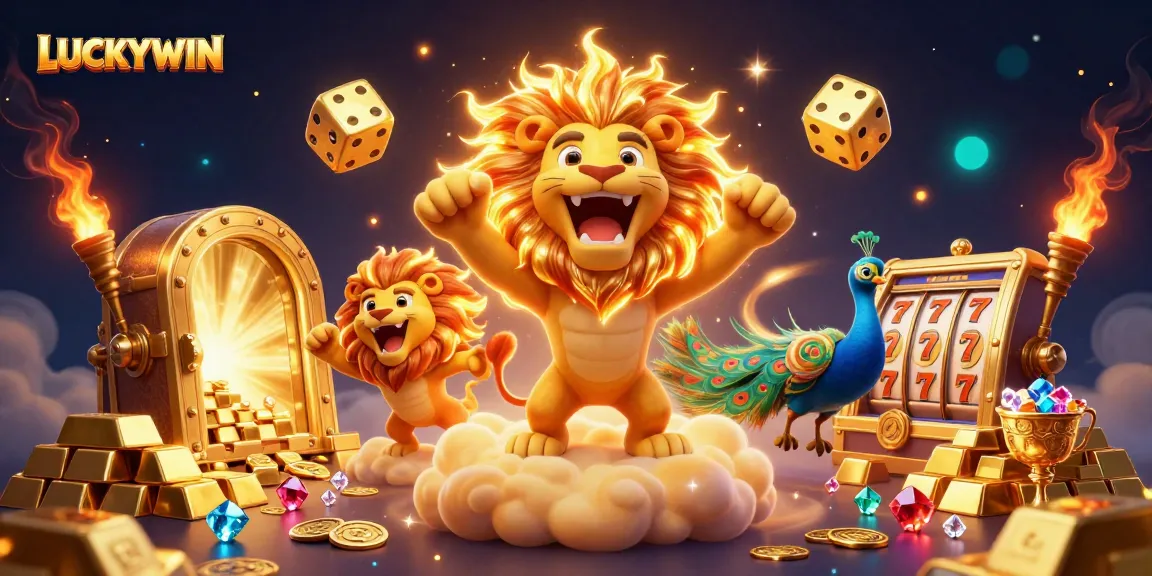 LUCKYWIN presents a vibrant 3D casino scene with roaring lion, golden dice, and sparkling jackpots.