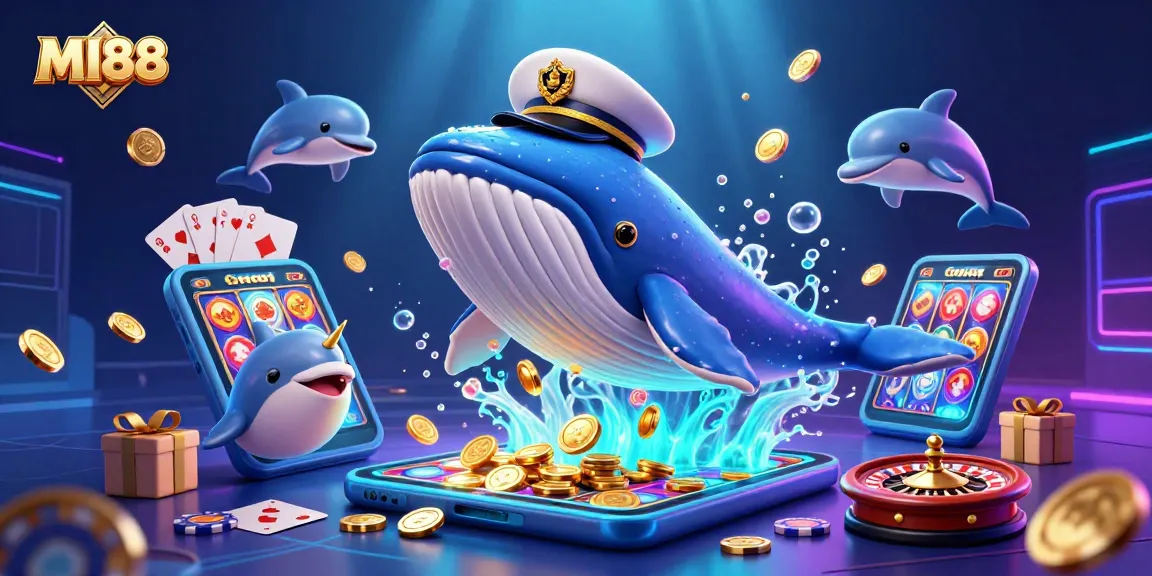 Experience thrilling MI88 gaming as a colorful whale breaches a sea of coins surrounded by casino elements.
