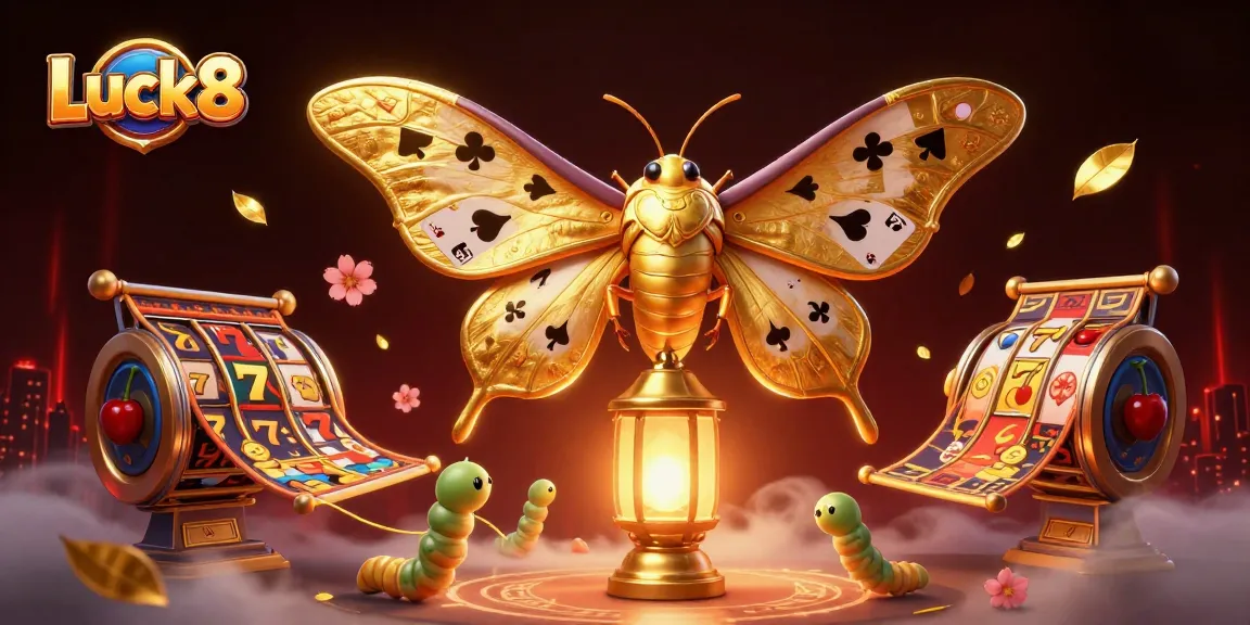 Celebrate Luck8 with a vibrant 3D casino scene featuring golden slot reels and majestic moth artwork.