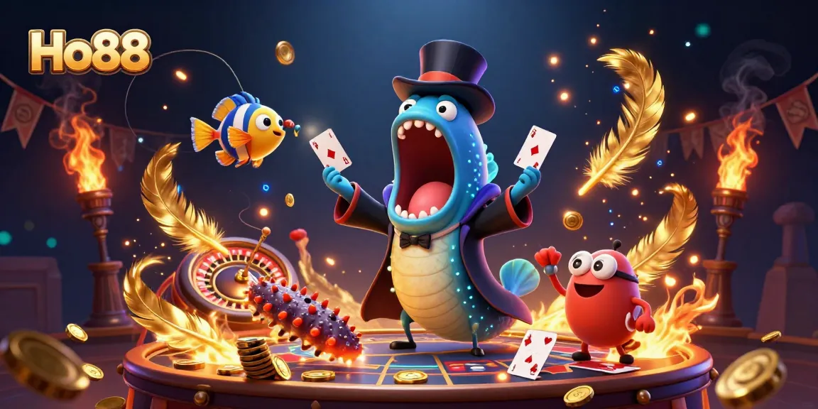 Engage with Ho88, a vibrant scene showcasing a deep-sea gulper eel performing card tricks in a live casino.
