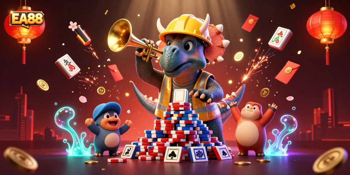 Engage with EA88 at a vibrant casino scene filled with celebratory characters and dynamic game elements.