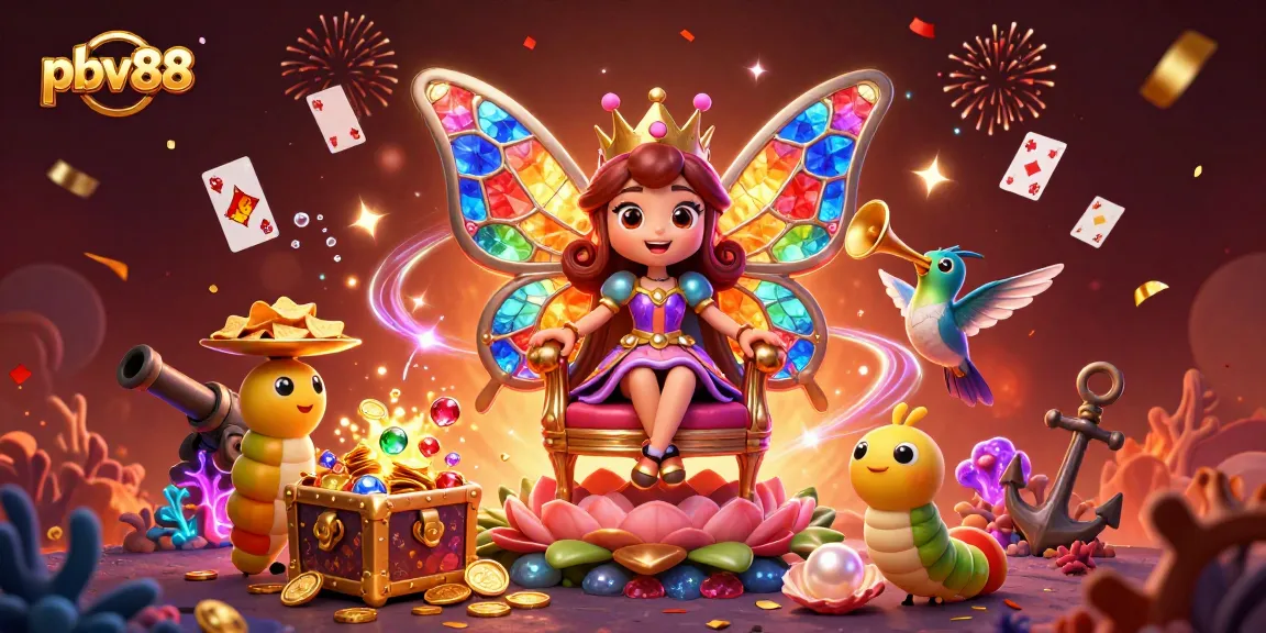 Experience the excitement of pbv88 with a vivid illustration featuring a butterfly queen surrounded by treasures and casino elements.
