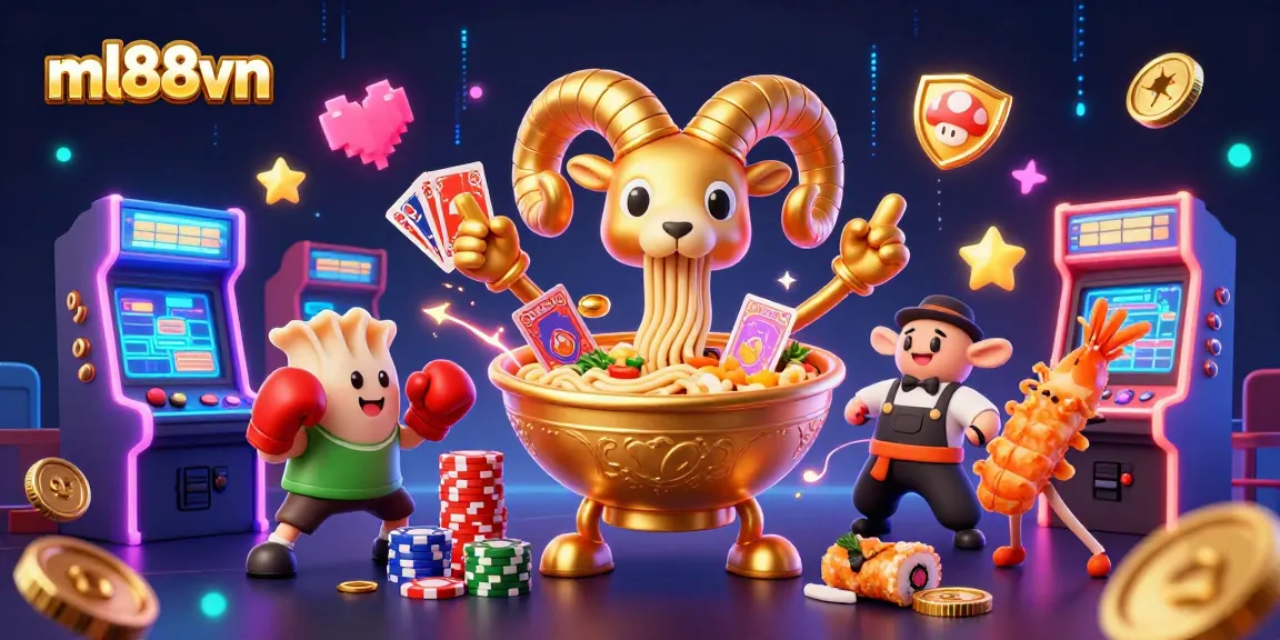 Engage in vibrant casino action with ml88vn featuring a spirited ramen bowl dealer amidst glowing arcade elements.