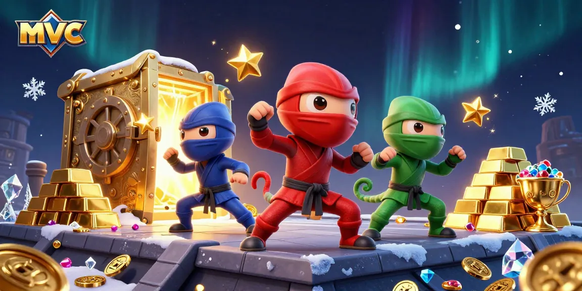 Win big at mvc casinos with a vibrant ninja chameleon team surrounded by treasures and jackpots!