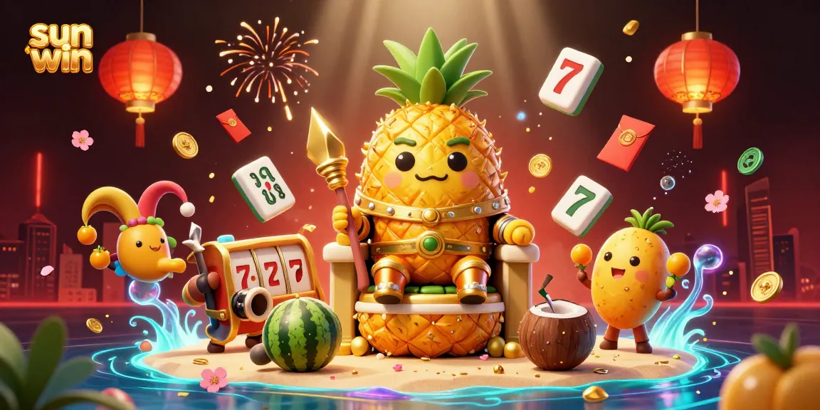 Win big with sun win in this festive 3D casino scene featuring a pineapple king and gaming elements.