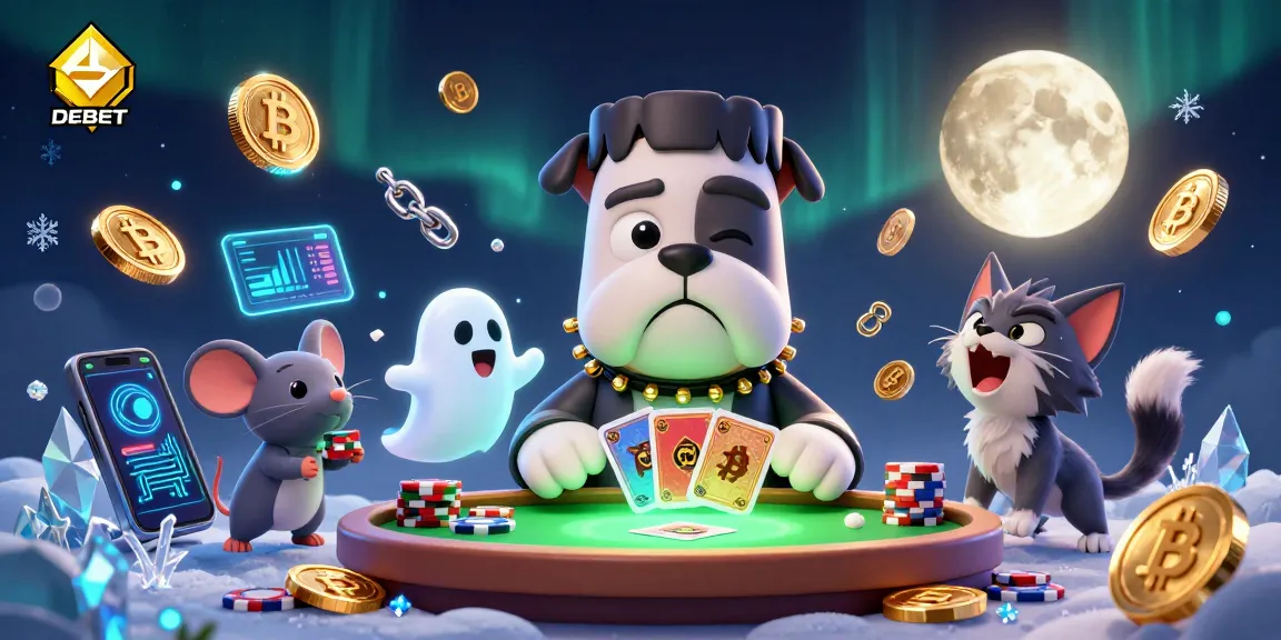 DEBET showcases a vibrant scene with a Frankenstein bulldog dealing cards at a spooky table amidst crypto coins.