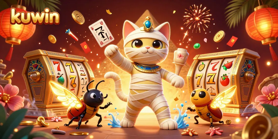 kuwin casino illustration featuring an Egyptian cat mummy with slot reels, colorful confetti, and glowing treasures.