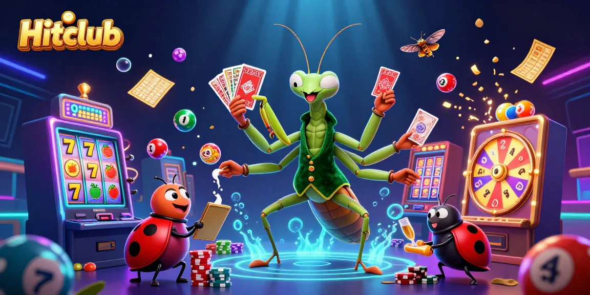 Hitclub casino illustration with a giant mantis dealing cards, slot symbols, and lottery elements.