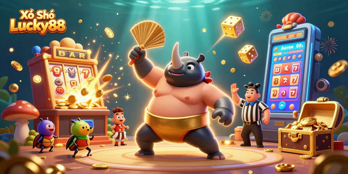 Xổ Số Lucky88 showcases a vibrant illustration of a sumo beetle champion amidst a grand jackpot explosion in a dynamic gaming scene.
