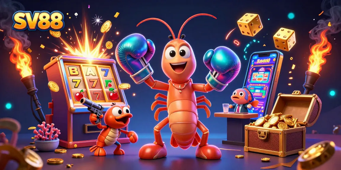 Engage with SV88 in a dazzling casino scene featuring dynamic shrimp characters and vibrant gaming elements.