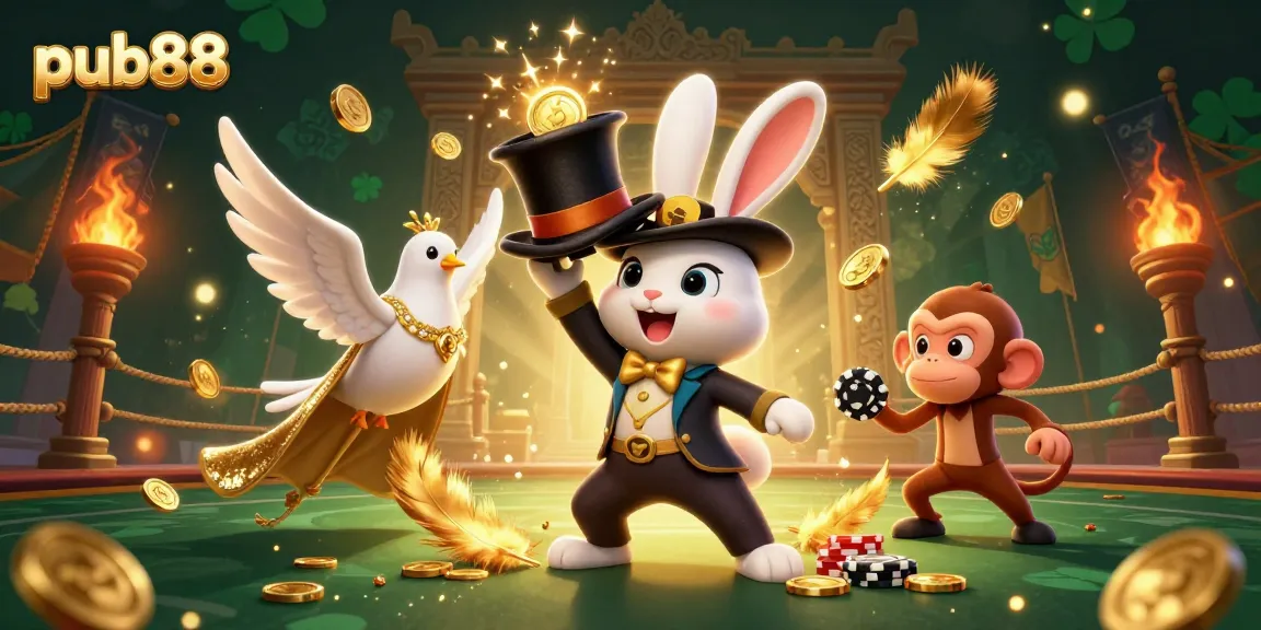 Experience thrilling gaming at pub88 with lively characters like a magician rabbit and a dove amidst shimmering coins.