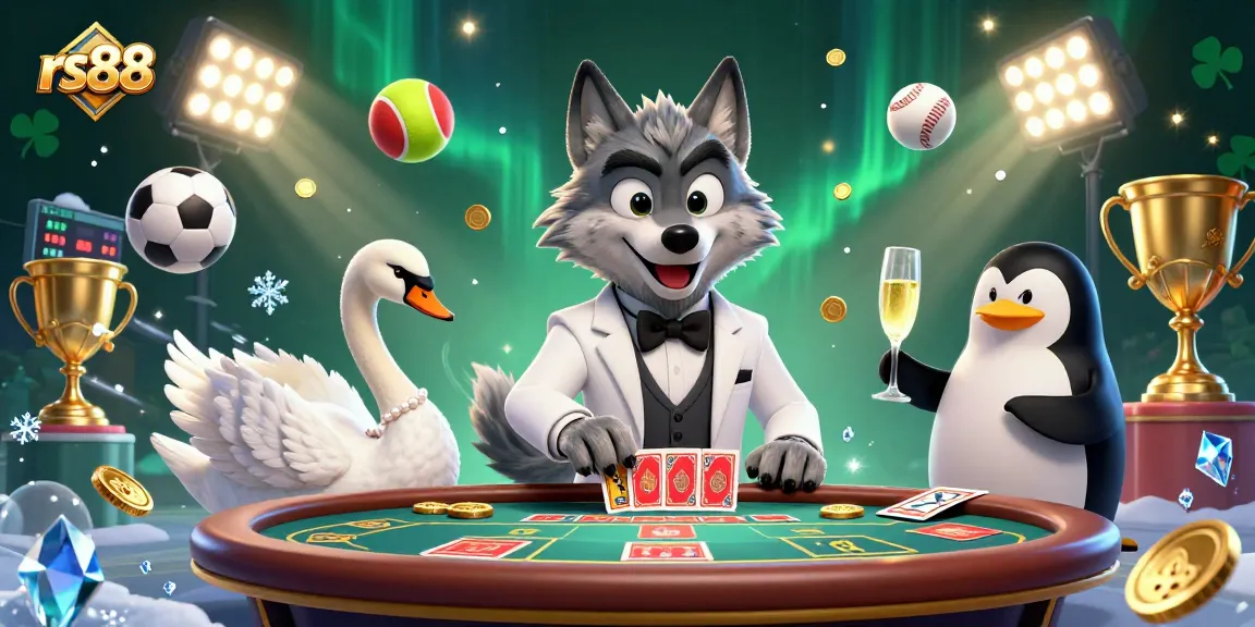 Join the rs88 gaming experience with a debonair wolf, elegant swan, and penguin sommelier amidst a vibrant casino scene