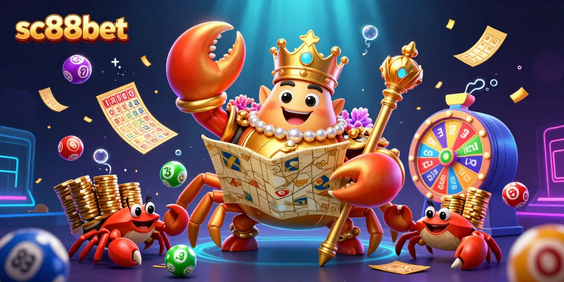 Engage in thrilling games with sc88bet's vibrant casino illustration featuring a golden crab emperor.