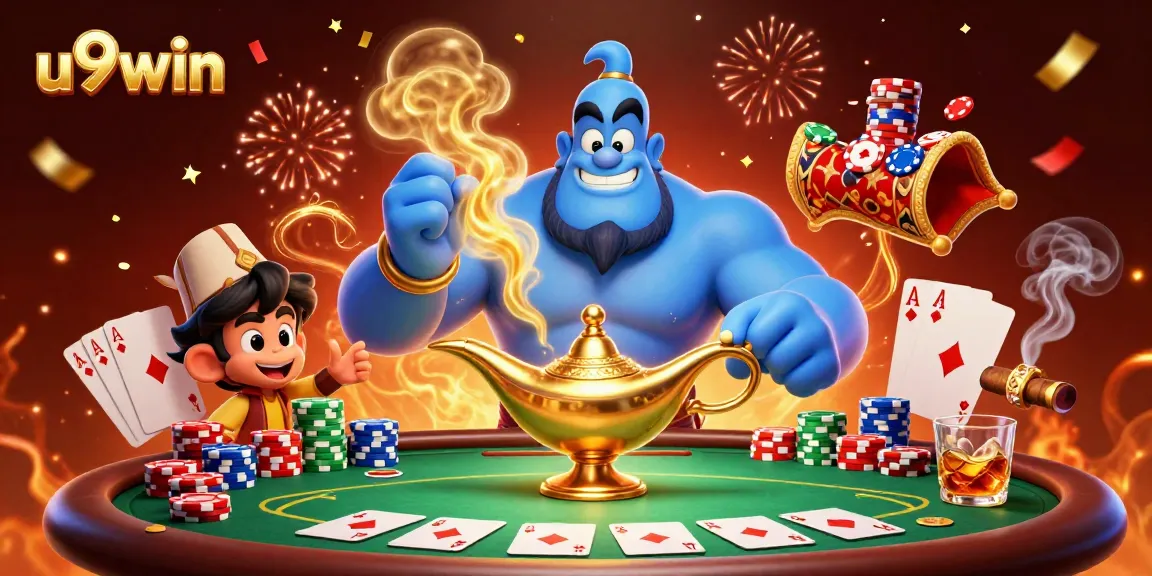 Engage in the thrilling u9win casino experience with a genie and a monkey during a dynamic poker game.