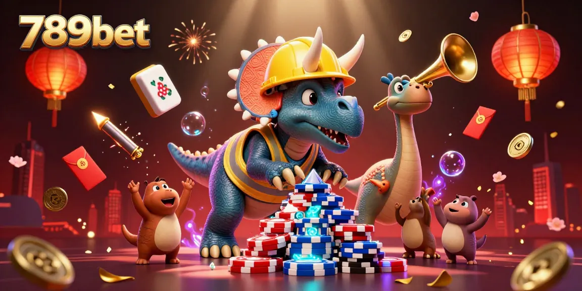 789bet cartoon illustration showcasing a triceratops building poker chips amid festive casino elements.