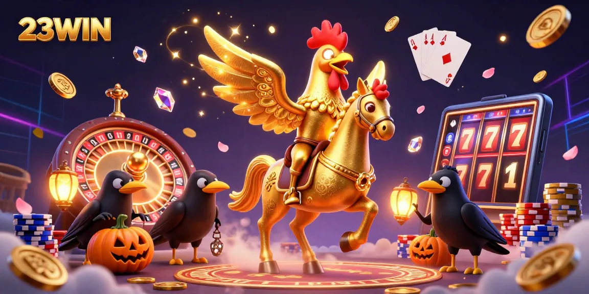 Engage with the exciting world of 23WIN, featuring a spectacular casino scene alive with golden coins, characters, and vibrant gaming elements.