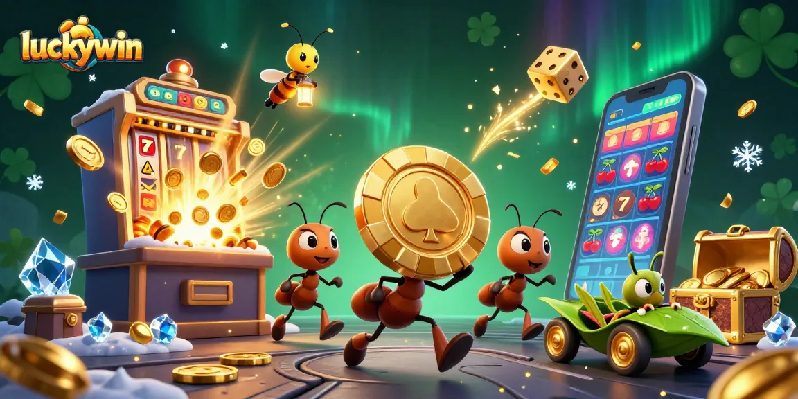 Experience luckywin with a dynamic 3D scene featuring ants on a casino heist filled with gold and excitement.