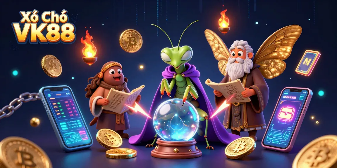 Engage with Xổ Số VK88 through dynamic 3D illustrations featuring mystical characters and crypto elements.