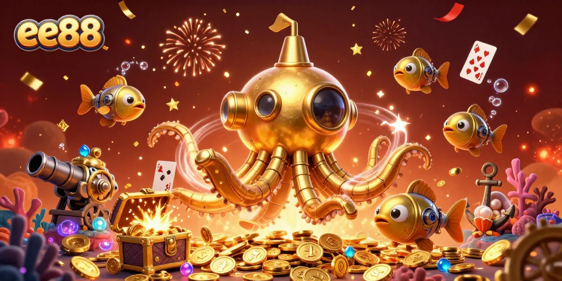 Engage with ee88's thrilling casino experience featuring vibrant 3D elements and golden underwater treasures.