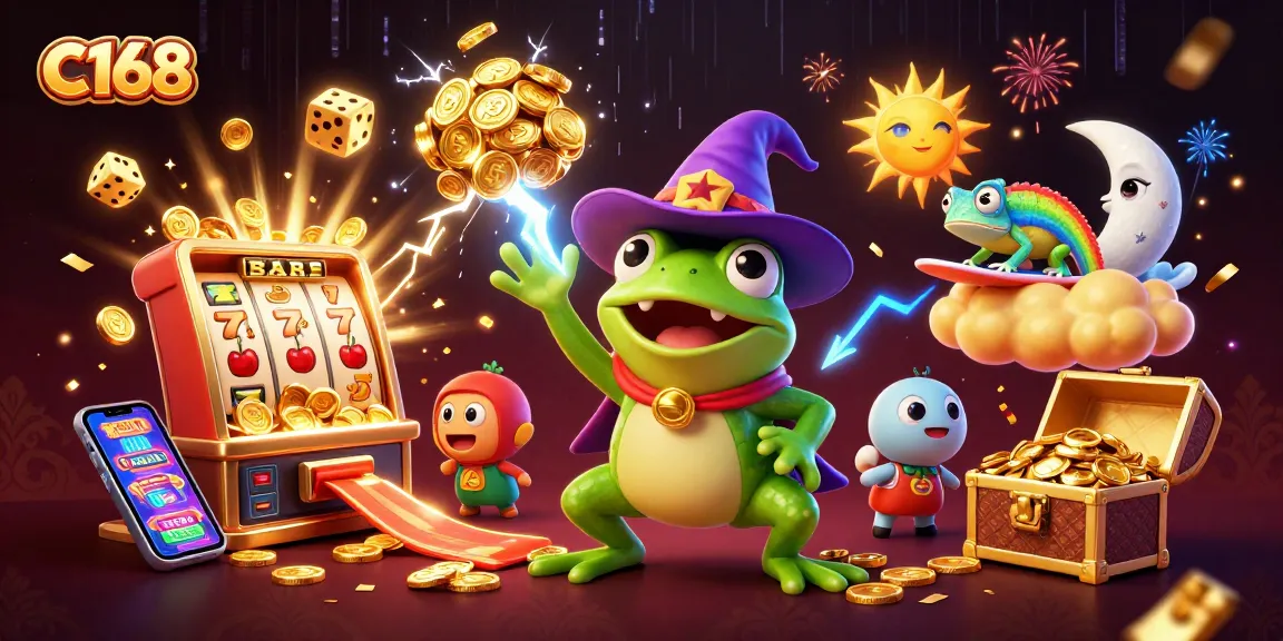 C168 brings excitement with a wizard frog and chameleon amidst a jackpot explosion and vibrant casino elements.