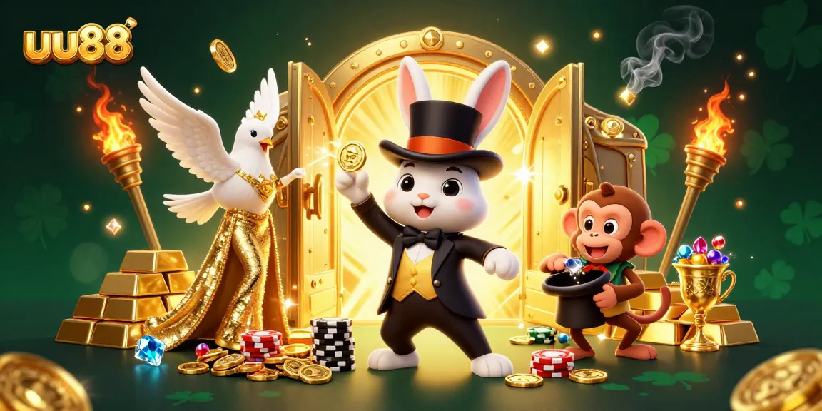 Experience the thrill of uu88 with a magical scene featuring a rabbit, dove, and monkey amidst glittering casino treasures!