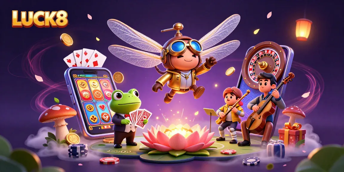 Experience the thrill of LUCK8 with this vibrant casino scene featuring playful characters and game elements.