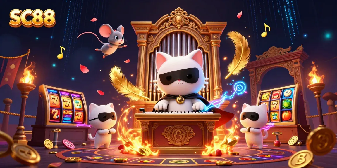 Spin the SC88 slots with a ghostly cat and acrobat for a thrilling casino adventure.