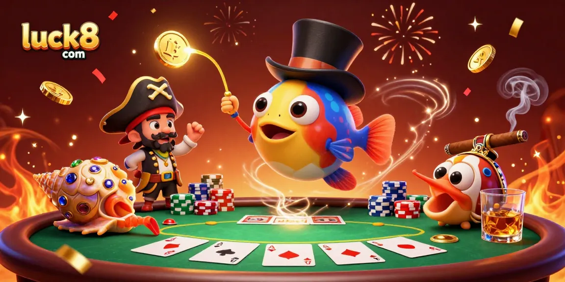 Catch exciting rewards at luck8 com with a thrilling casino atmosphere featuring vibrant characters and poker elements.