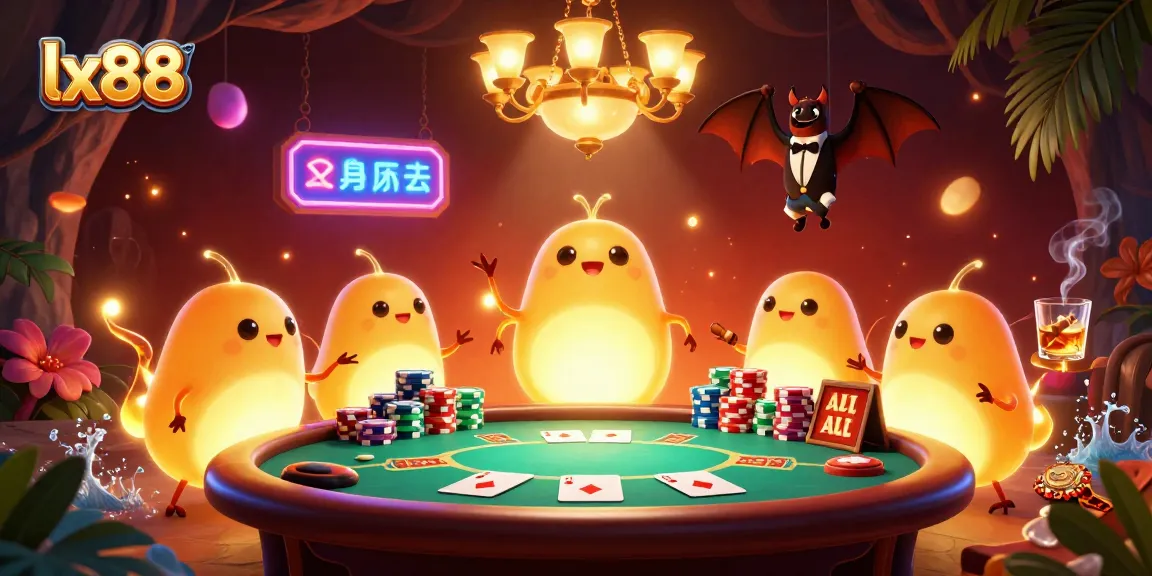 Join the fun at lx88 casino, where glowworms illuminate a vibrant poker table under a bat dealer's watchful eye.