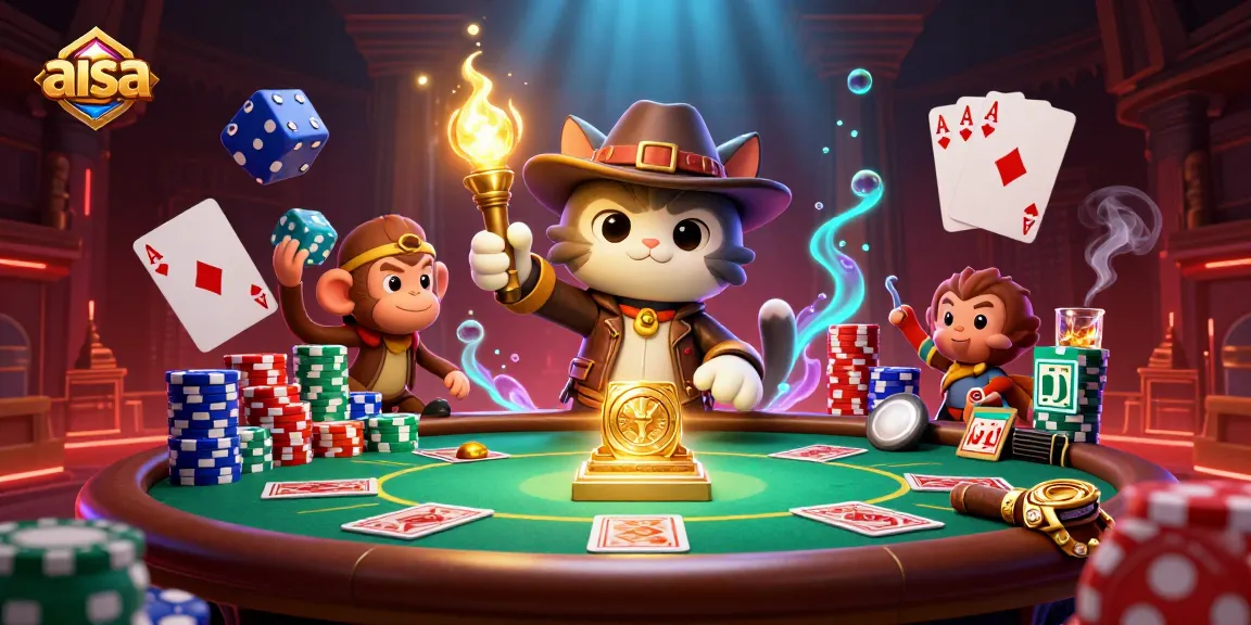 Explore the vibrant casino scene with aisa's archaeologist cat and monkey amidst poker action.