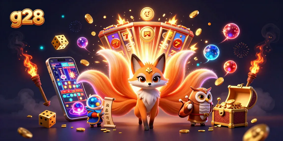 g28 showcases a magical casino scene with a nine-tailed fox and a jackpot explosion, inviting players to win big.