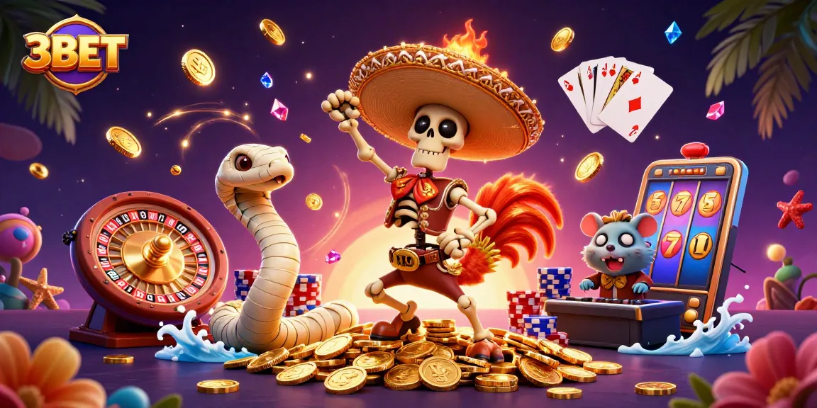 Experience the thrilling excitement of 3BET with a festive 3D casino illustration showcasing vibrant characters and dynamic gaming elements.