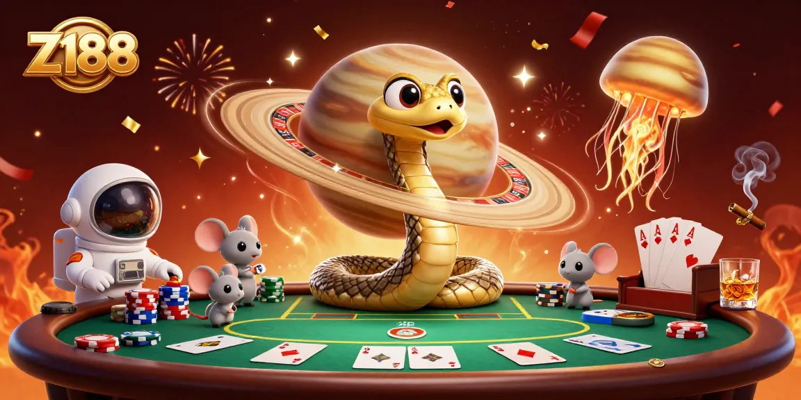 Experience Z188 through a vibrant cosmic casino scene with unique characters and festive elements.